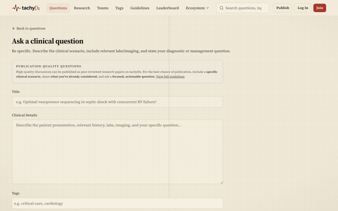 The “Ask a clinical question” form on the research portal.