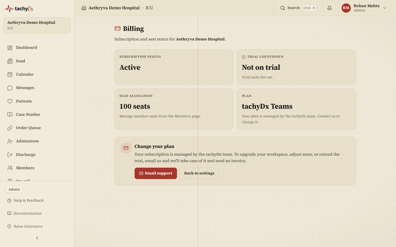 The Billing page — subscription status, trial countdown, and seats.