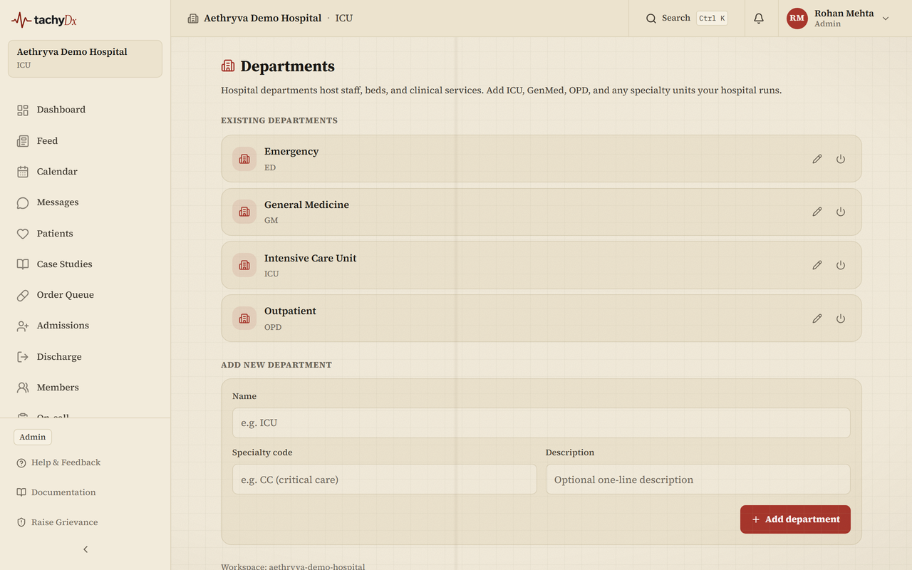 The Departments page — add ICU, GenMed, OPD, and any specialty units.