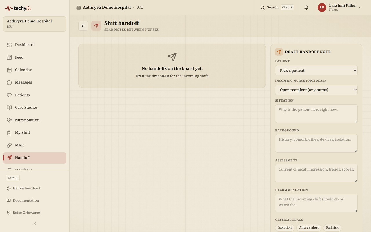 The shift handoff board — recent handoffs and the SBAR draft panel.