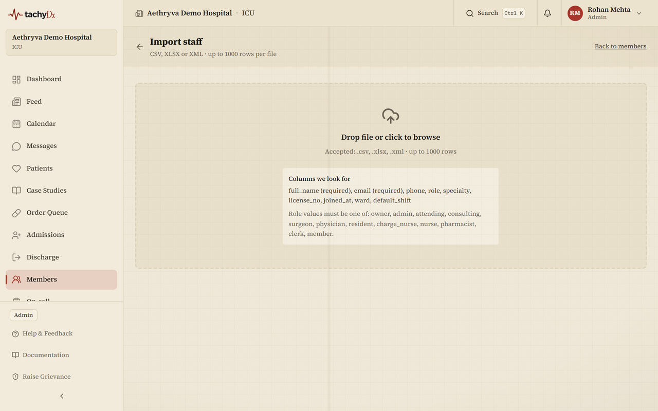 The staff import wizard — upload, map columns, preview, and send invites.