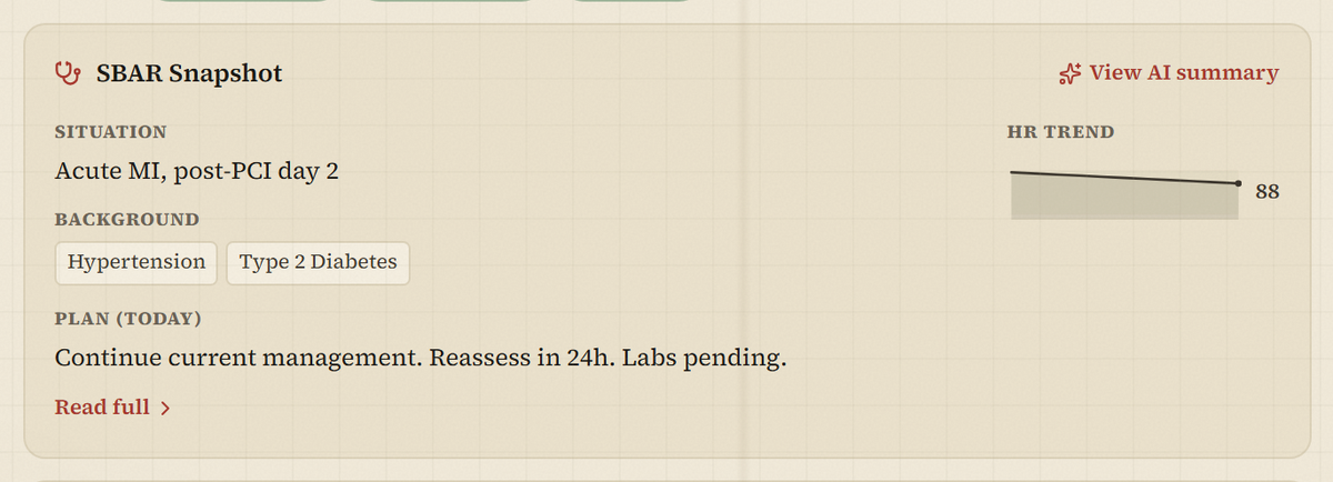 The SBAR Snapshot card with the “View AI summary” action.